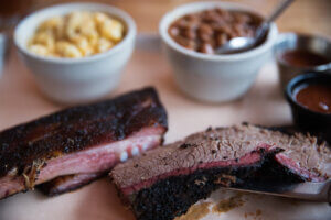 Barbecue beef brisket and pork ribs