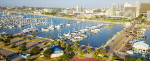 Panorama aerial view waterfront harbor Corpus Christi with marina